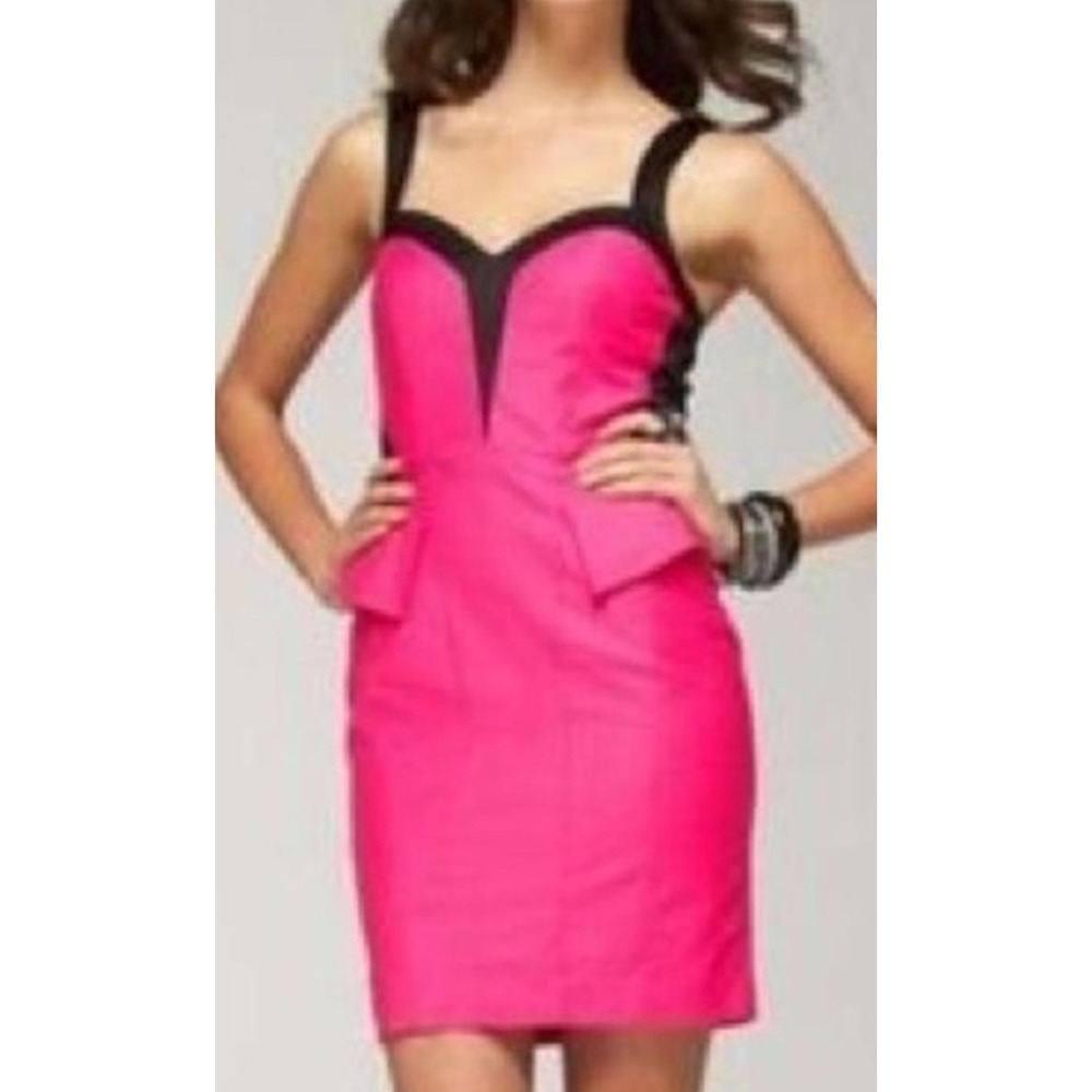 ND1 Bebe Hot Pink‎ Peplum Party Dress Black Trim Strappy Mini Cocktail Bodycon